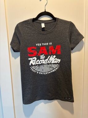 'Yes This Is SAM the Record Man' Graphic Tee - Charcoal/Red